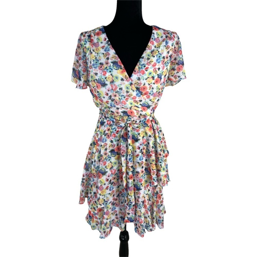 ✅ Tahari Arthur Levine Floral Faux Wrap Sheer Flutter Sleeve Belted Tier Dress 4